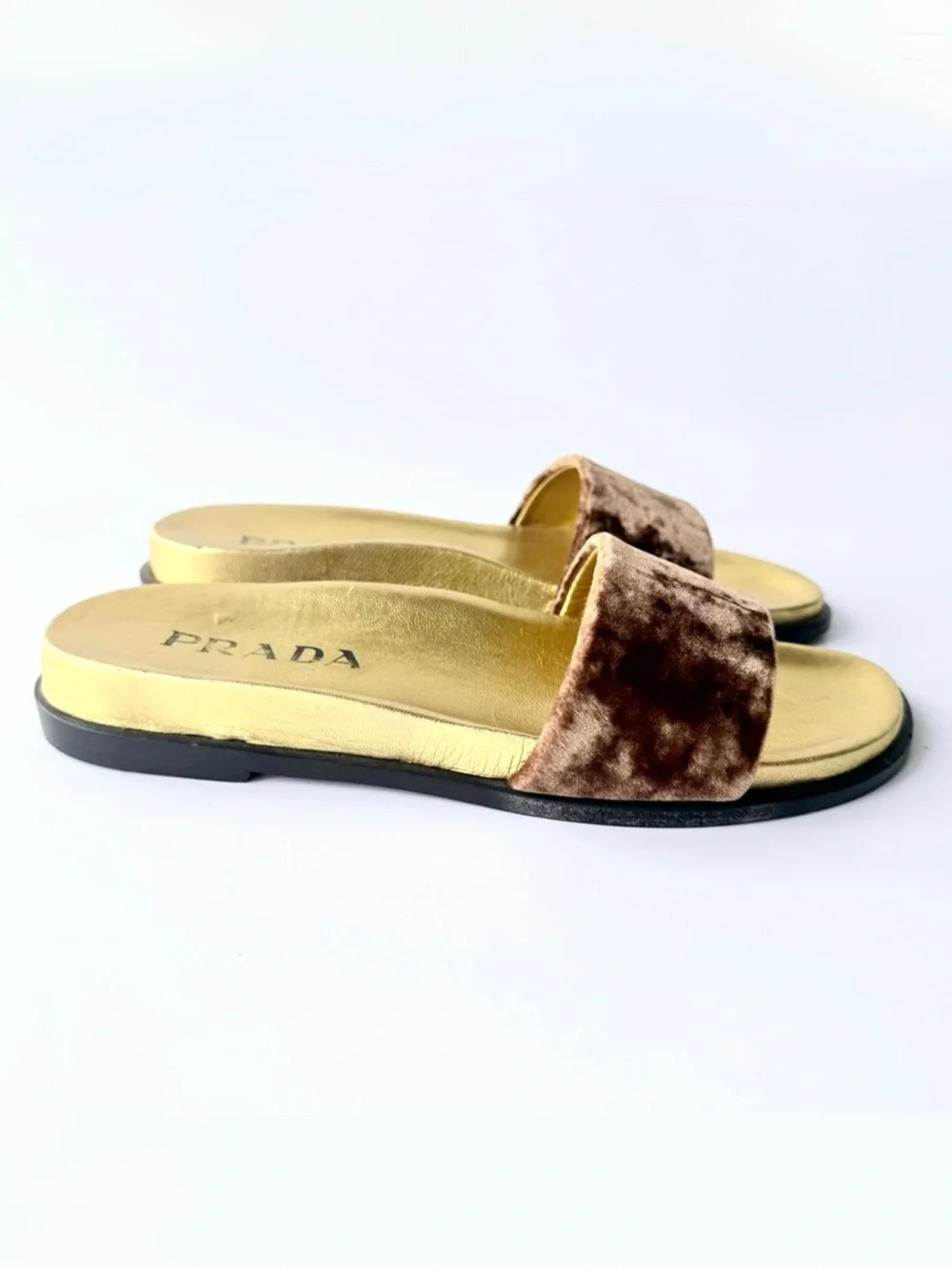 Prada Velvet Slide Sandals in Brown & Gold Size 36 - Picture 2 of 15